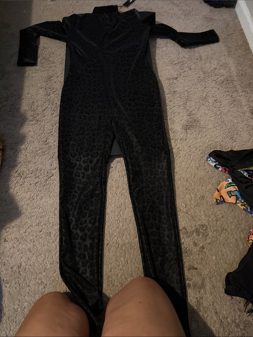 Fashion Nova Black Velvet Leopard-Print Long-Sleeve Jumpsuit